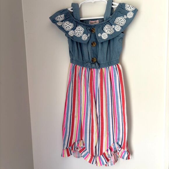 Little Lass Size 3T Denim & Cotton Pinstriped Ruffle Leg Wide Collar Jumpsuit #M - Picture 1 of 7